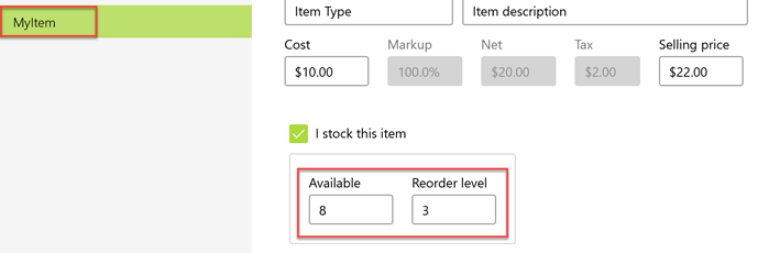record stock level for items